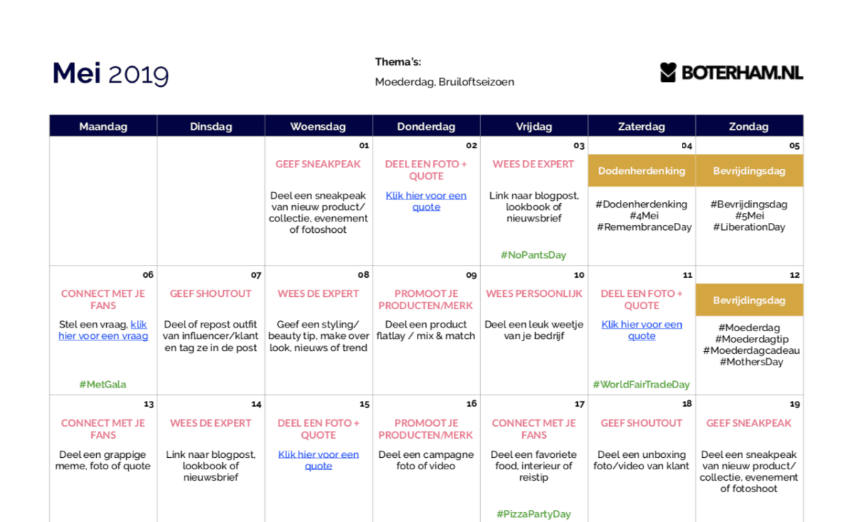 Fashion Content Kalender voor Social Media Boterham.nl