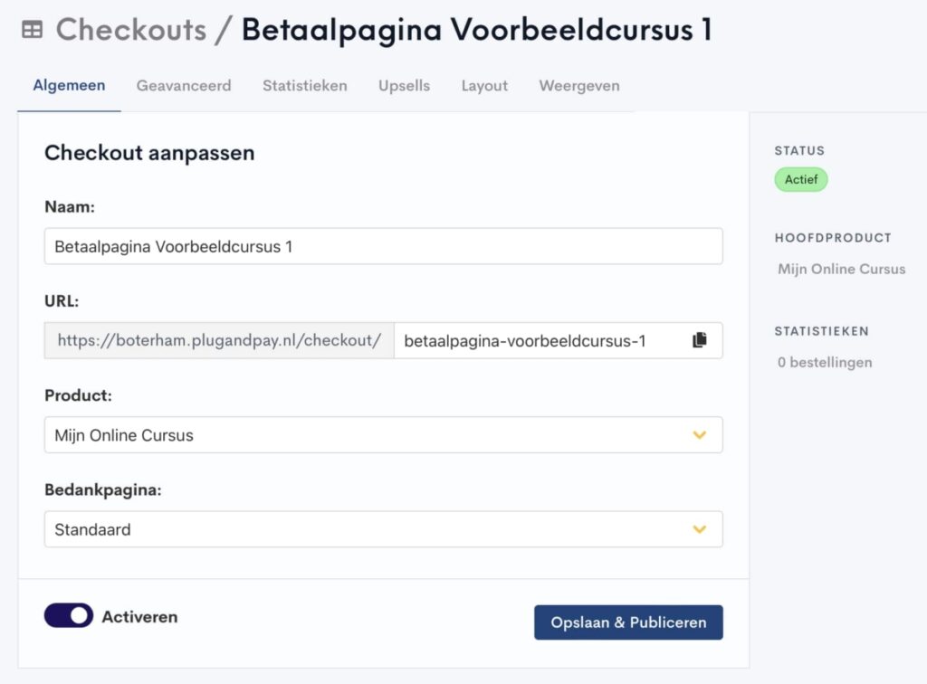 Betaalpagina activeren en publiceren