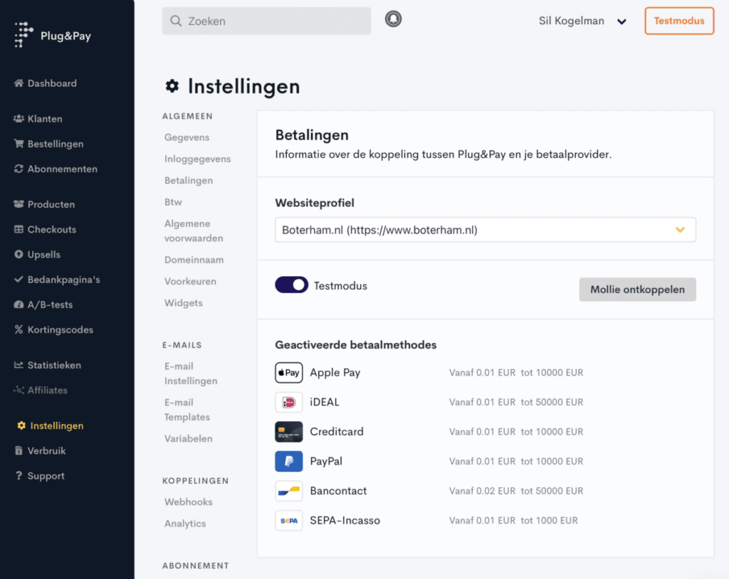 Mollie betaalmethoden gekoppeld aan Plug & Pay