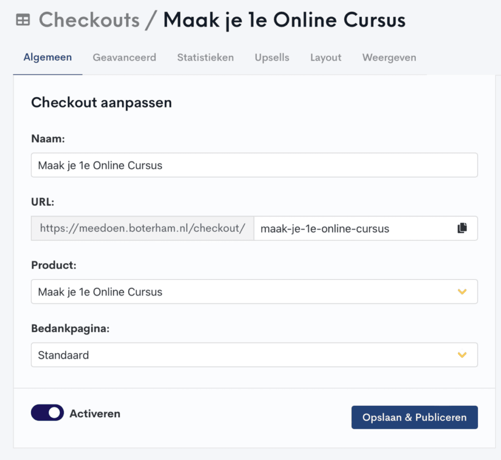 Checkout instellingen en activatieknop.