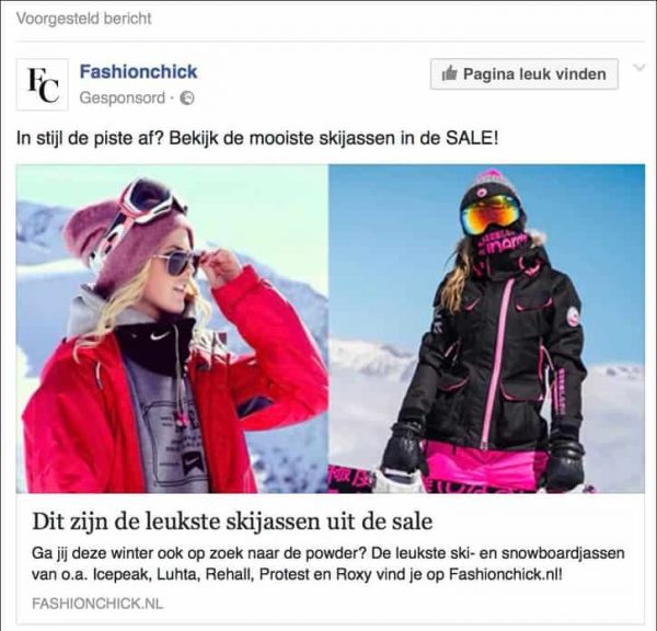 voorbeeld facebook gesponsorde advertentie van het fashionmerk fashionchick