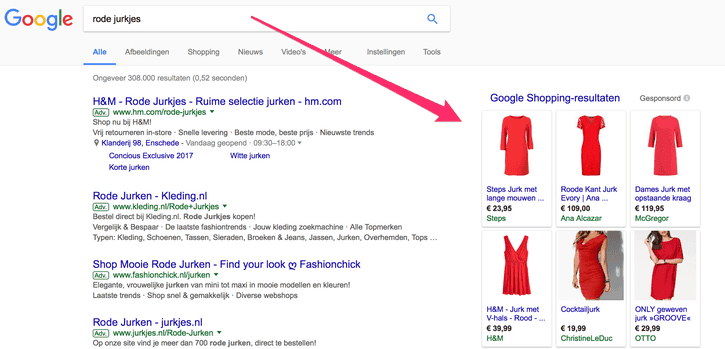 google shopping resultaten rode jurkje voorbeeld 2