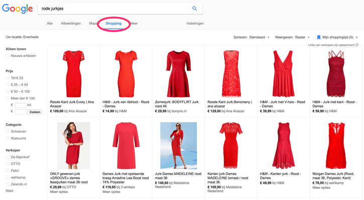 google shopping voorbeeld van rode jurkjes