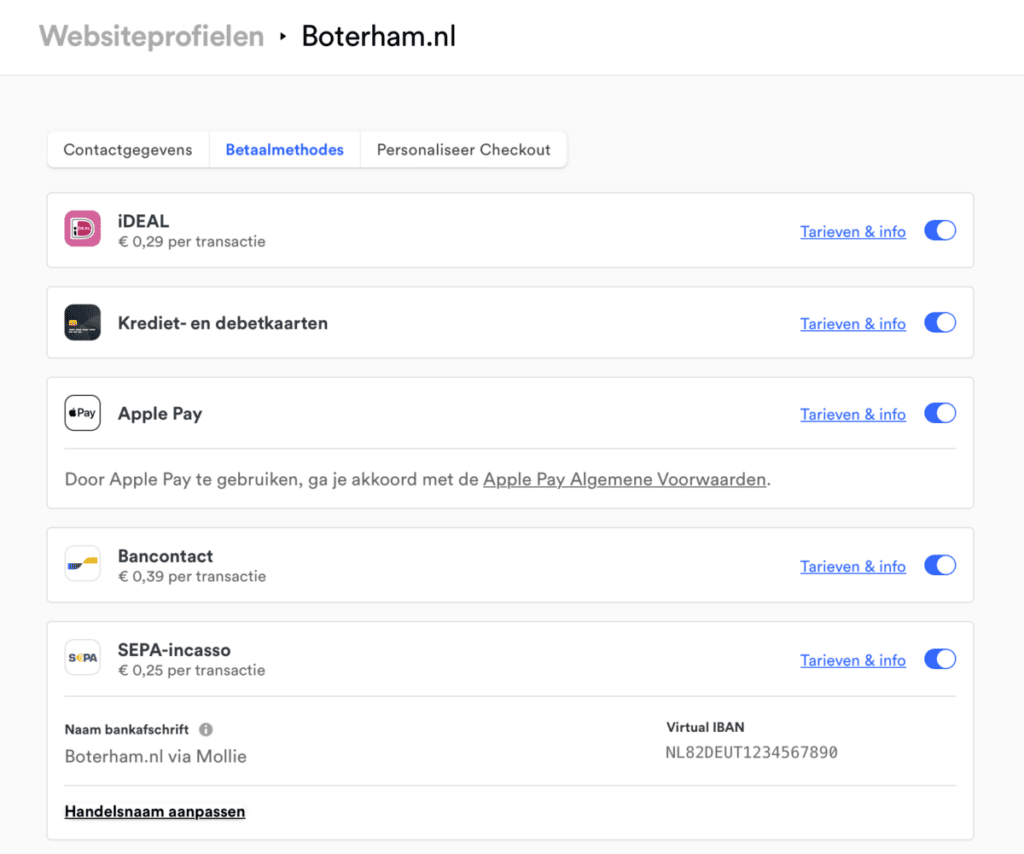iDEAL betaalmethode activeren in Mollie websiteprofiel