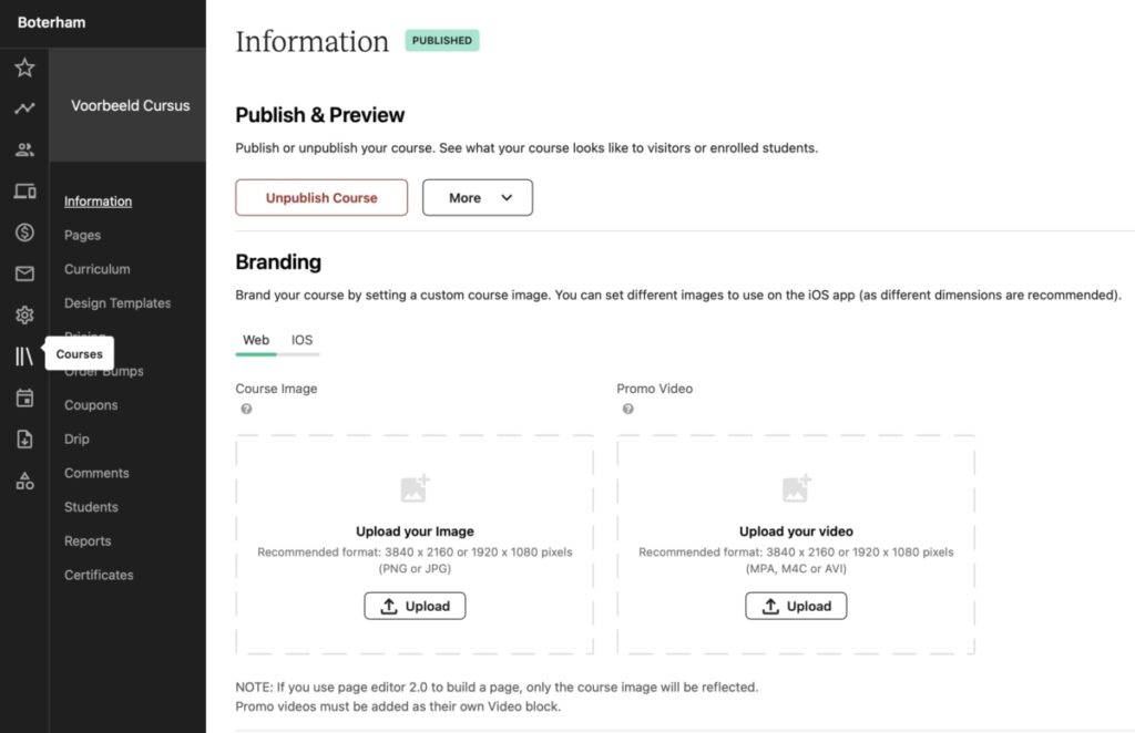 Cursus informatiepagina in Teachable backend