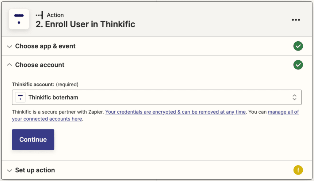 Het gekoppelde Thinkific account in de Zap Action