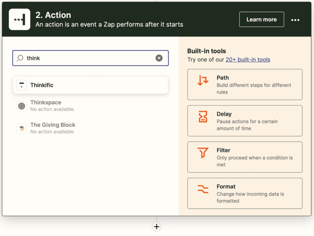 Thinkific als Zap action in Zapier