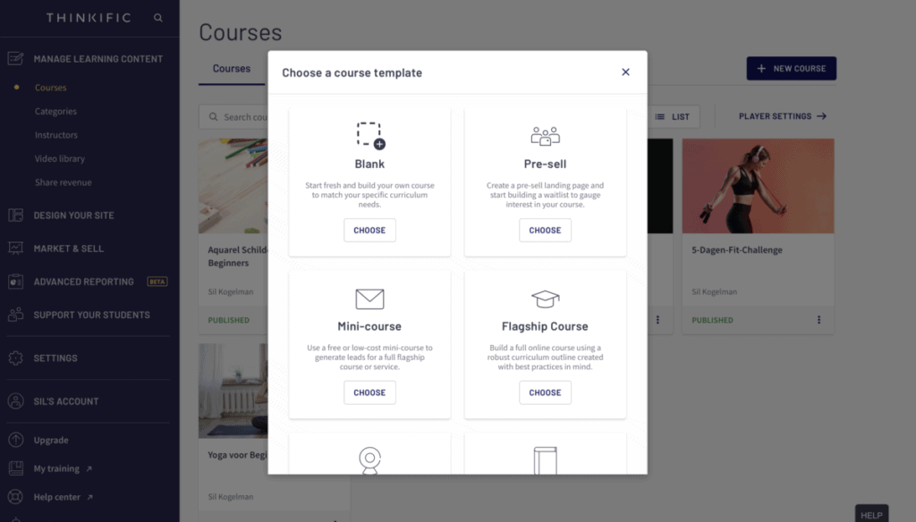 thinkific nieuwe cursus aanmaken