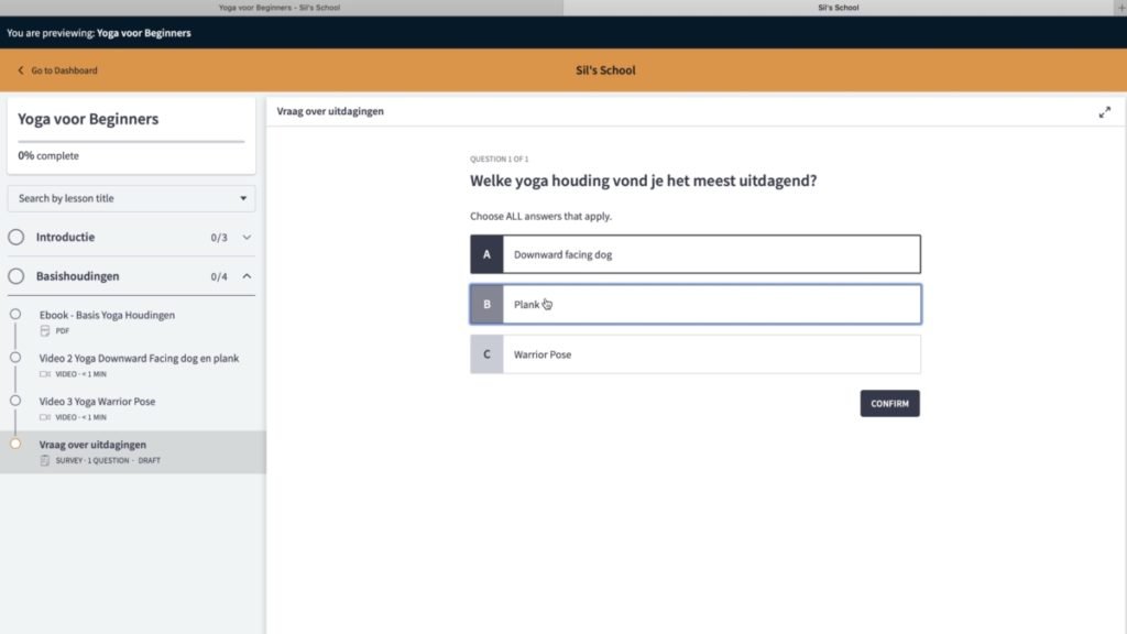 voorbeeld van hoe een quiz les er in Thinkific uitziet
