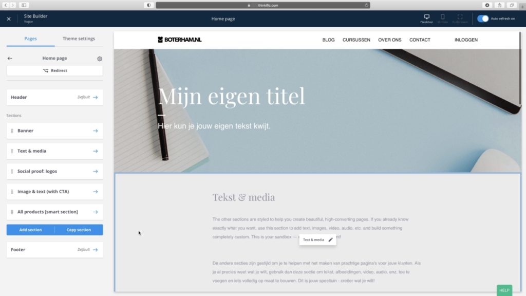 Thinkific site builder voorbeeld met blokken