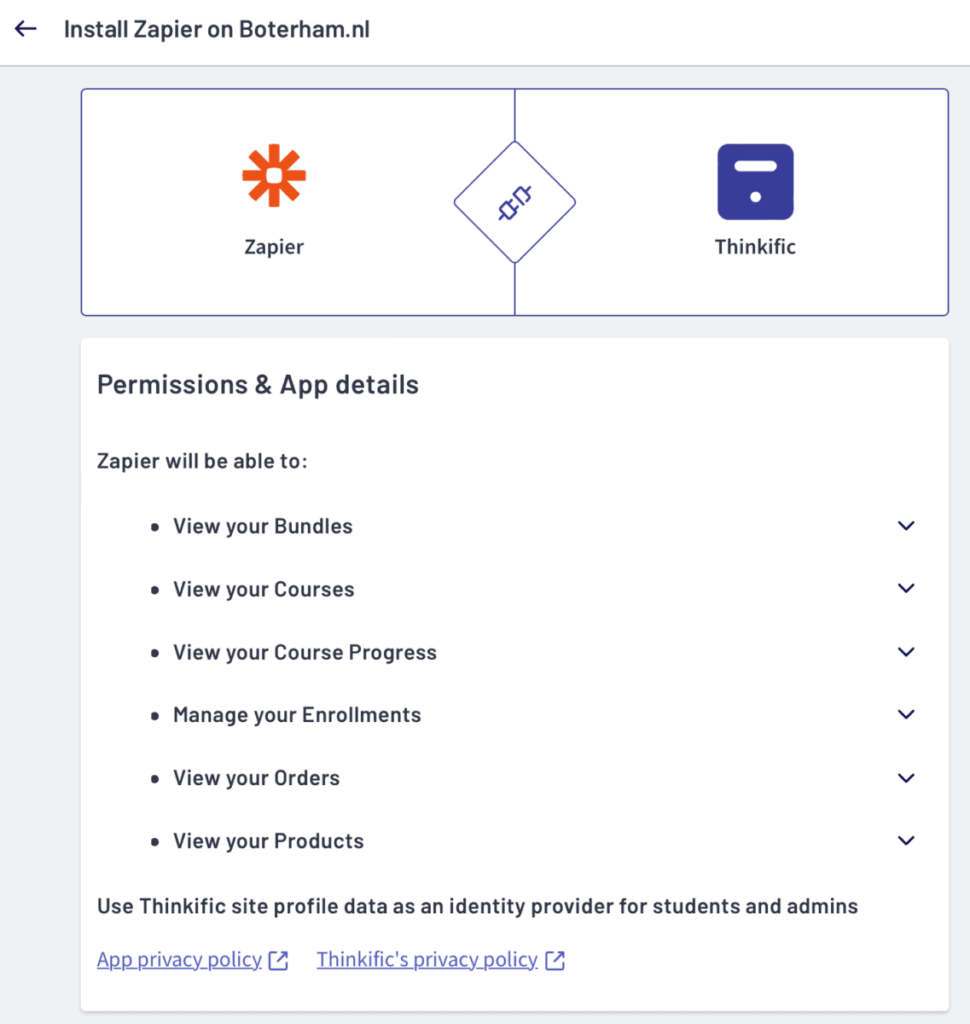 Toestemming geven voor het installeren van de Zapier app in Thinkific