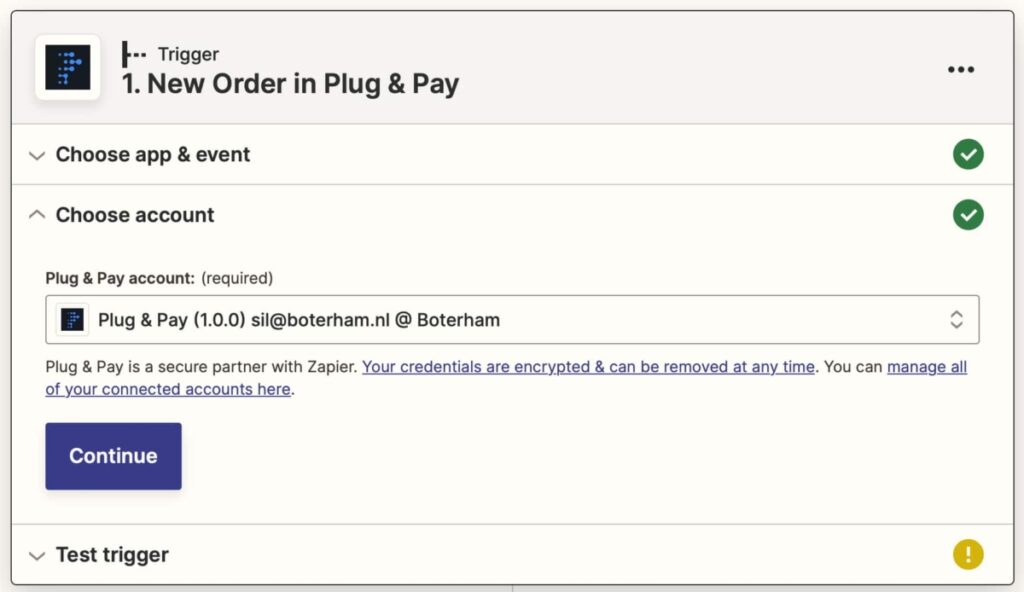 Plug & Pay account als Zapier Trigger