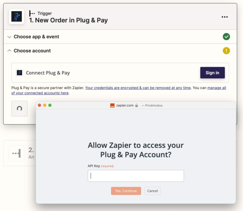 Zapier Plug & Pay app inloggen met API sleutel