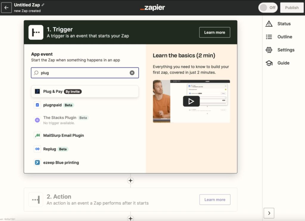 Plug & Pay app selecteren als Trigger in Zapier