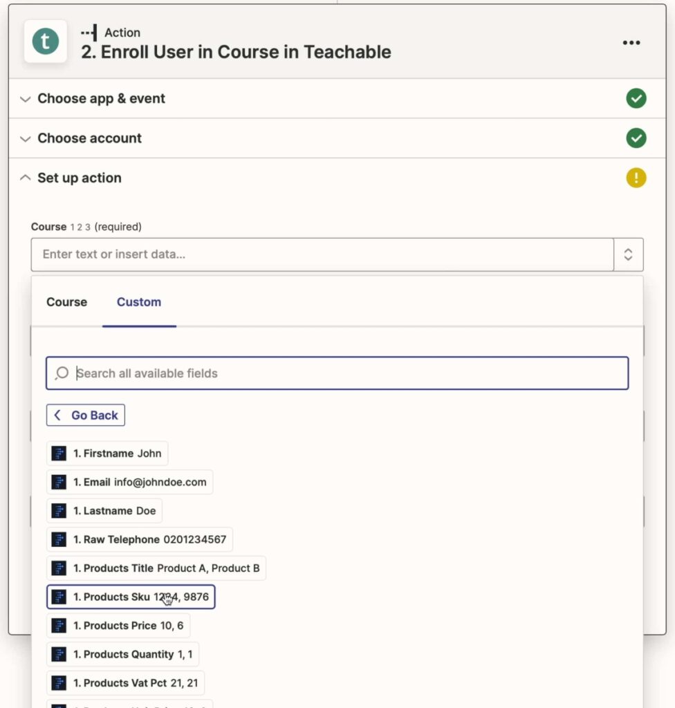 Custom fields selecteren bij de Zap Action