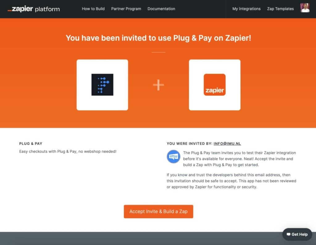 Zapier uitnodigingspagina voor Plug & Pay