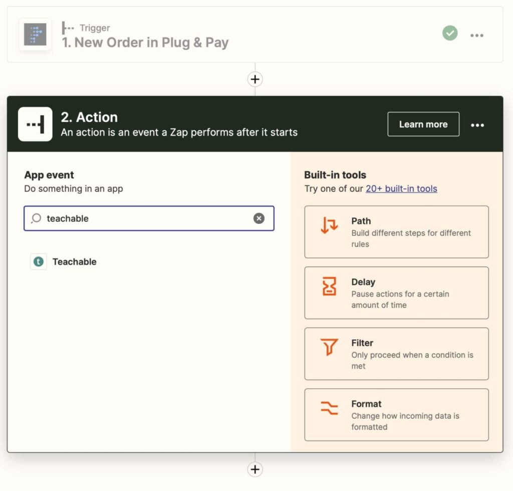 De Teachable Zapier app als Zap Action